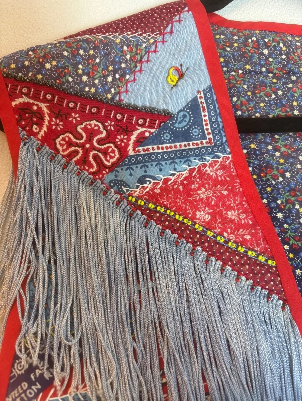 Handmade Patchwork Vest with Vibrant Colors and Light Blue Fringe Size Large